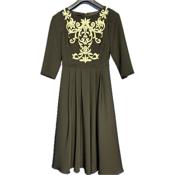 NWT Ted Baker London Shamari Dress Size 1 (us Sz 4) Gold Embroidery 3/4 Sleeves - Picture 1 of 5